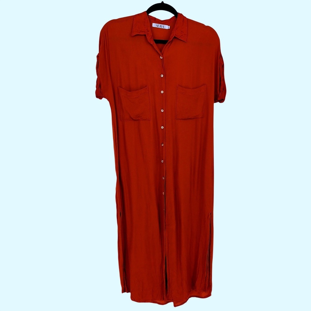 AURA Womens Burnt Orange 100% Linen Short Sleeve Button Down Maxi Shirt Dress XS